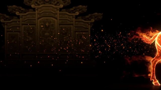Fiery goat walking in ancient temple. Mythical creature made of flames, zodiac and astrology symbol. Magical animal character for fantasy and cultural art design.