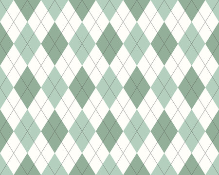 Seamless argyle pattern with green and ivory diamonds, dotted diagonal grid, flat vector style, soft muted palette, ideal for textile, wallpaper, packaging, cover, apparel, stationery, scrapbooking
