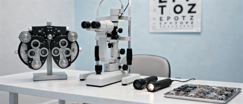 A professional eye examination setup with various instruments.