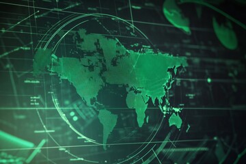 Obraz premium Green radar displaying a world map with digital lines and data across the surface at a technology center