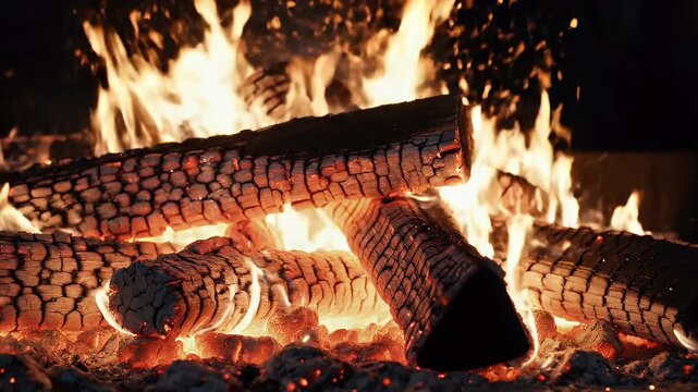 Burning Wood in Fireplace - Close-up of burning logs in a fireplace with hot embers and flames. Sparks are floating upwards from the burning wood.