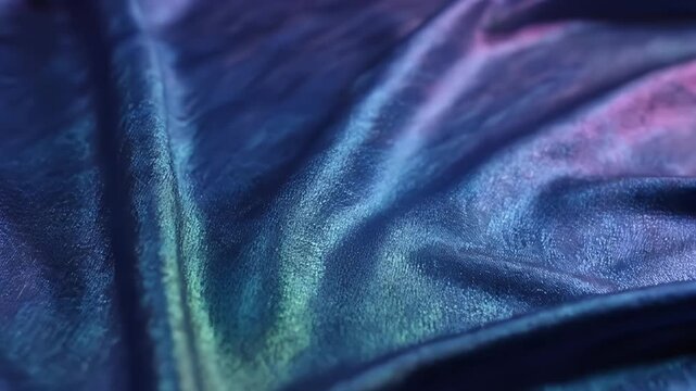 Abstract Shimmering Fabric Texture - A close-up shot showcases flowing folds of luxurious fabric. The material is highlighted with iridescent colors of blue, pink, and green to create a mesmerizing