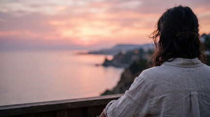 Fototapeta premium Traveler Silhouette Looking at Sunset over Ocean Soft Bokeh