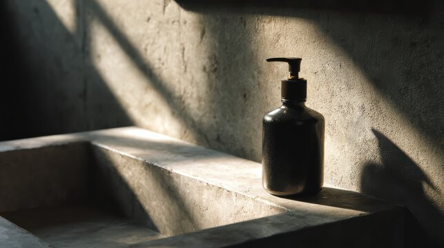 Minimalist liquid soap dispenser next to sink, modern bathroom setting, uncluttered composition, middle shot, realistic materials, 8k