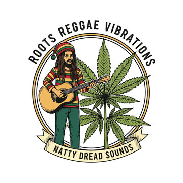 Rastafarian musician playing acoustic guitar with cannabis leaf emblem.