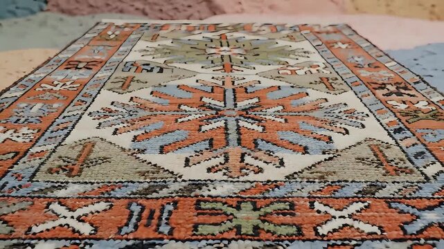 Closeup of an intricately patterned oriental rug with vibrant colors.