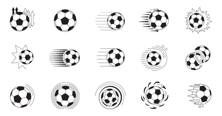 Soccer ball icons set with motion effects, black and white vector illustration, sports action athletic theme, dynamic football movement design © Alamin by vision 2