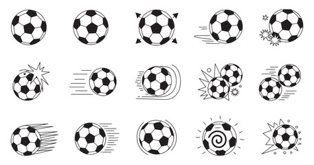 Soccer ball icons set with motion effects, black and white vector illustration, sports action athletic theme, dynamic football movement design © Alamin by vision 2