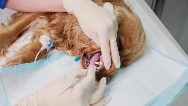 Veterinary dentist cleaning the teeth of an english cocker spaniel with a metal scaler during a dental procedure under anesthesia in a clinic, improving the pet's oral hygiene