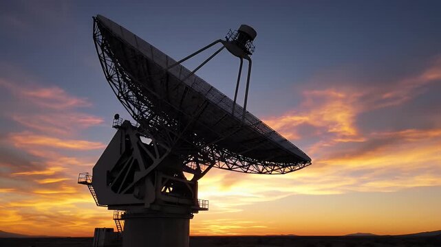Radio Telescope at Sunset - A large radio telescope stands silhouetted against a vibrant sunset sky. The dish antenna points upward, capturing signals from distant celestial objects.