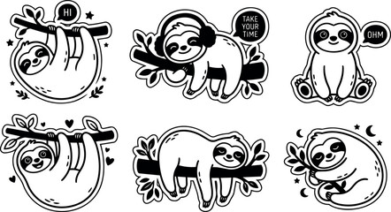 Fototapeta premium Cute sloths hanging and sitting on branches with speech bubbles