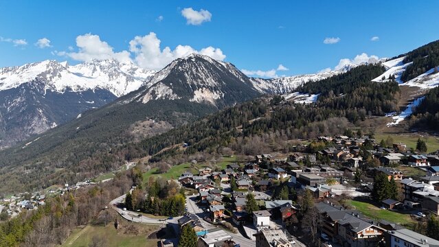 Aerial view  nature landscape of le Praz village in Courchevel ski resort by spring, French alps mountains 