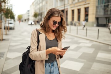 Fototapeta premium Woman using smartphone for navigation while walking on a city street, wearing sunglasses and a stylish outfit with a backpack, urban architecture in the background