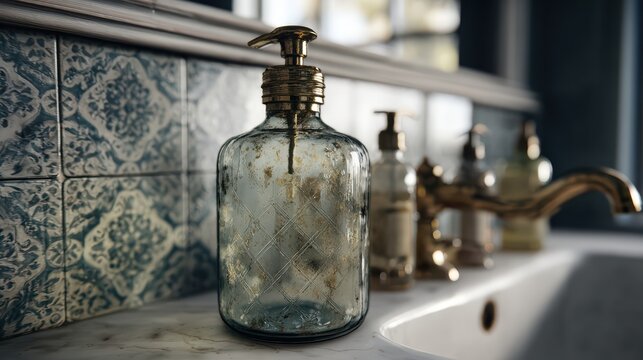 Vintage-inspired glass soap container, subtle patina, minimal bathroom sink scene, middle shot angle, realistic reflections, 8k