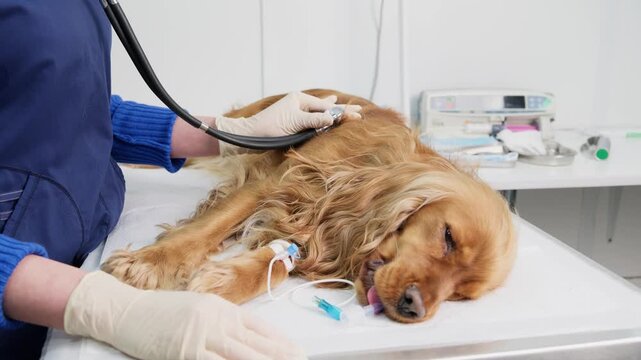 Female veterinarian in medical scrubs and gloves examining an ill cocker spaniel on an operating table, listening to its heartbeat with a stethoscope while the dog receives intravenous therapy