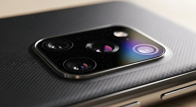 Close up of a smartphone camera lens assembly highlighting optical components