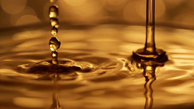Pouring Golden Liquid Abstract - A close-up shot shows a stream of viscous golden liquid pouring into a pool of the same liquid, causing ripples and splashes.