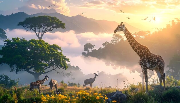 A giraffe watches over antelope grazing in a serene valley under a warm sky, backed by misty, green mountains