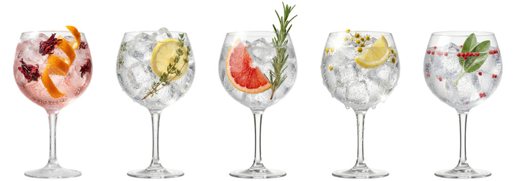 isolated collection of five gin and tonic cocktails featuring hibiscus orange lemon thyme grapefruit rosemary chamomile and sage on transparent background