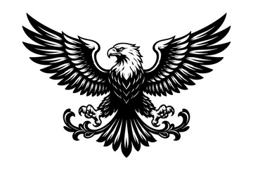 Obraz premium Majestic Eagle Illustration in High Contrast Black and White Ink Style for Heraldic Design, Emblem, and Decoration; Powerful Bird of Prey with Spread Wings, Sharp Talons, and Ornate Scrollwork