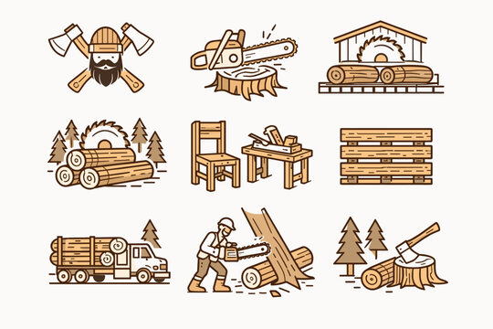 Lumberjack and Woodworking Icon Set with Chainsaw, Sawmill, Logging Truck, Timber, Carpentry Tools, Axe, Furniture, and Forest Elements in a Clean Line Art Style for Industry, Craft, and Design.