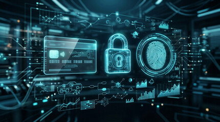 Fototapeta premium Credit card lock fingerprint security payment data network digital cyber protection card access authentication encryption privacy transaction online fraud identity safe system interface technology