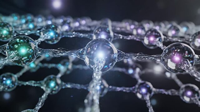 Abstract Neural Network Visualization - Close-up visualization of interconnected transparent spheres connected by thin strands, suggesting neural connections or molecular structures.