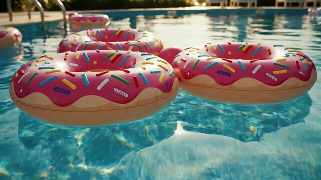 Donut Floats in Swimming Pool - The video shows several pink donut-shaped inflatable pool floats with colorful sprinkles floating in a sparkling blue swimming pool.