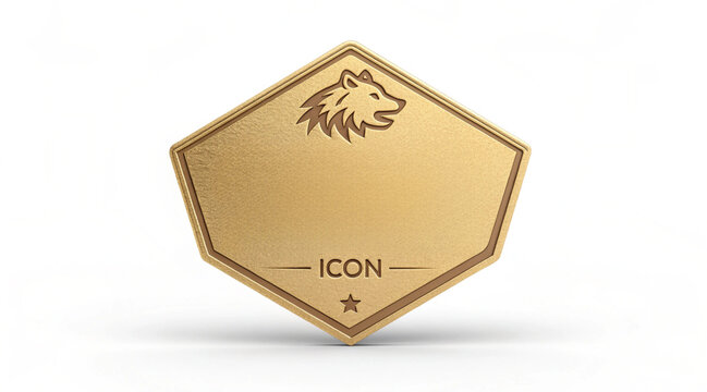 Gold shield badge with wolf head emblem and star icon, minimalist metallic crest icon for branding and luxury emblem design