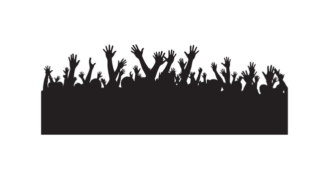 Large crowd of people raising hands in silhouette representing audience applause concert fans or protest group at event.