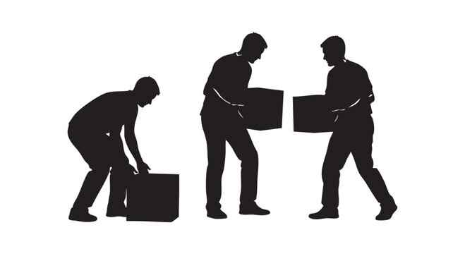 Men lifting boxes, various silhouettes of workers carrying and moving cargo on white background, vector illustration.