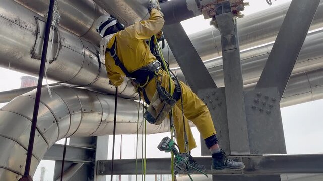 Aerial low angle shot of technician repairing a plant in an oil or chemical refinery. Industrial rope access worker descending to grind and repair a pipeline. Working at height. Rappelling, Abseiling.