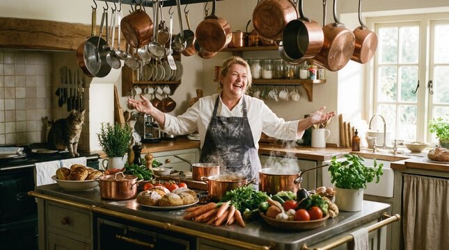 Joyful Chef In A Charming Rustic Kitchen Surrounded By Fresh Ingredients And Copper Cookware