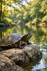 Naklejka premium Turtle Resting on Rock Near Calm Lake