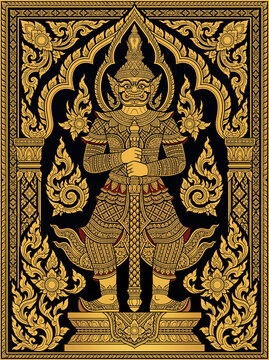 Detailed flat art vector illustration of a traditional Thai giant (Yaksha / Thao Vessavana) holding a club, acting as a temple guardian