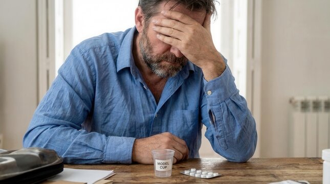 Man Experiencing Stress And Headache With Medicine Nearby On Wooden Table