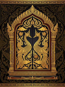 Detailed flat art vector illustration of a traditional Thai temple window featuring two symmetrical golden mythical birds (Hongsa / Hamsa) facing each other. Designed with intricate Kanok patterns, lo