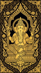 Obraz premium Detailed flat art vector illustration of Lord Ganesha, the Hindu god of success and wisdom, sitting on a pedestal. Designed in a luxury black and gold traditional Thai art style with intricate Kanok p