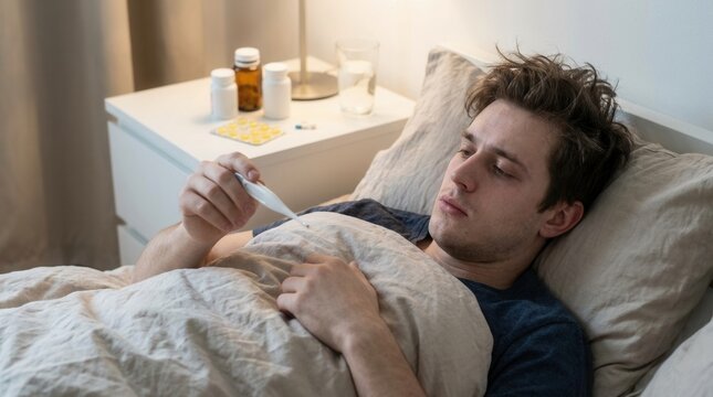 Man Feels Unwell In Bed Checking Temperature With Thermometer