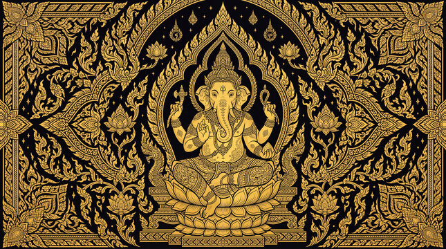 Detailed flat art vector illustration of Lord Ganesha, the Hindu god of success and wisdom, sitting on a pedestal. Designed in a luxury black and gold traditional Thai art style with intricate Kanok p