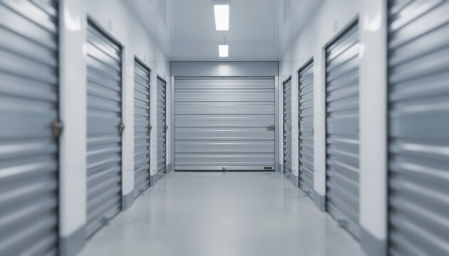 Medium shot of climatecontrolled selfstorage unit row with focused rollup door and blurred adjacent units highlighting secure modern design.