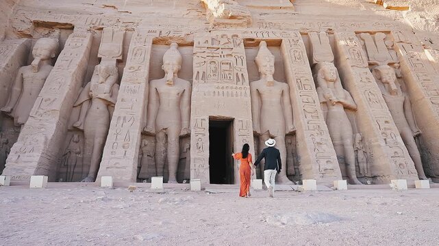 american young man traveler wearing white hat with his wife with red dress exploring ancient Egyptian abu simble temple with background of nefertari statues at sunset. Egypt.