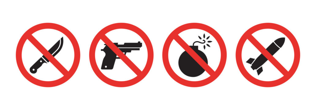 No weapons prohibited sign set, no knife gun bomb missile symbols, forbidden warning restriction icons vector illustration safety concept collection