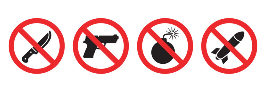 No weapons prohibited sign set, no knife gun bomb missile symbols, forbidden warning restriction icons vector illustration safety concept collection