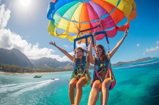 Young Woman Parasailing Above Ocean with Colorful Parachute, paragliding on the sea, paragliding on the beach, hot air balloon in the sea, hot air balloon on the beach, hot air balloon