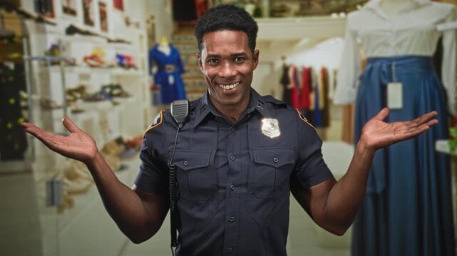 Man police officer wearing navy uniform and badge, palms up gesture with radio on shoulder in a building; confidence community service.