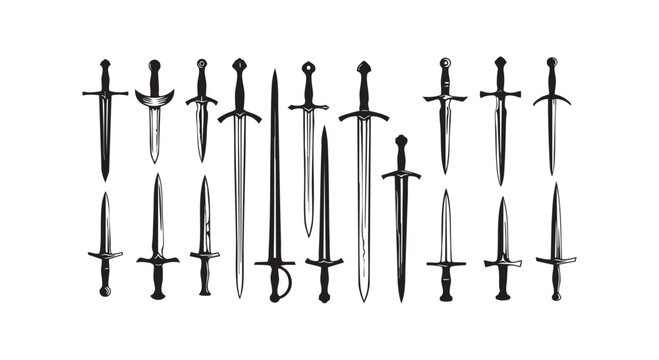 Set of various medieval sword collection vector illustration silhouette art background sign symbol weapon design.