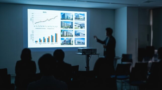 Medium shot capturing a projector casting detailed REIT financial charts and property images onto a wall with the projection in crisp focus and audience silhouettes blurred.