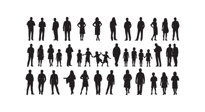 Silhouette collection showing diverse group standing in various poses with men women and children on plain white background.