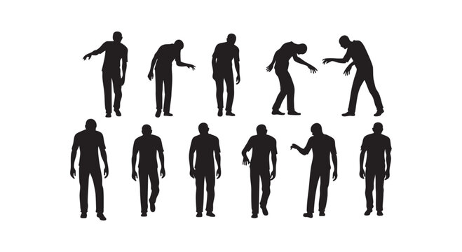 Silhouette collection of men walking and standing in various casual poses isolated on white background for design layout.